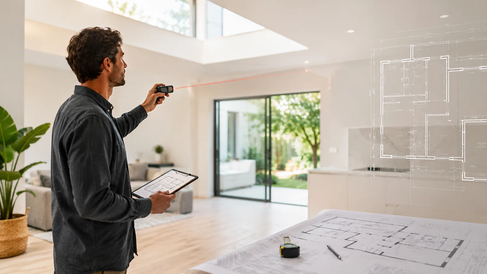 Designer measuring a room with a floor plan drawn over the space