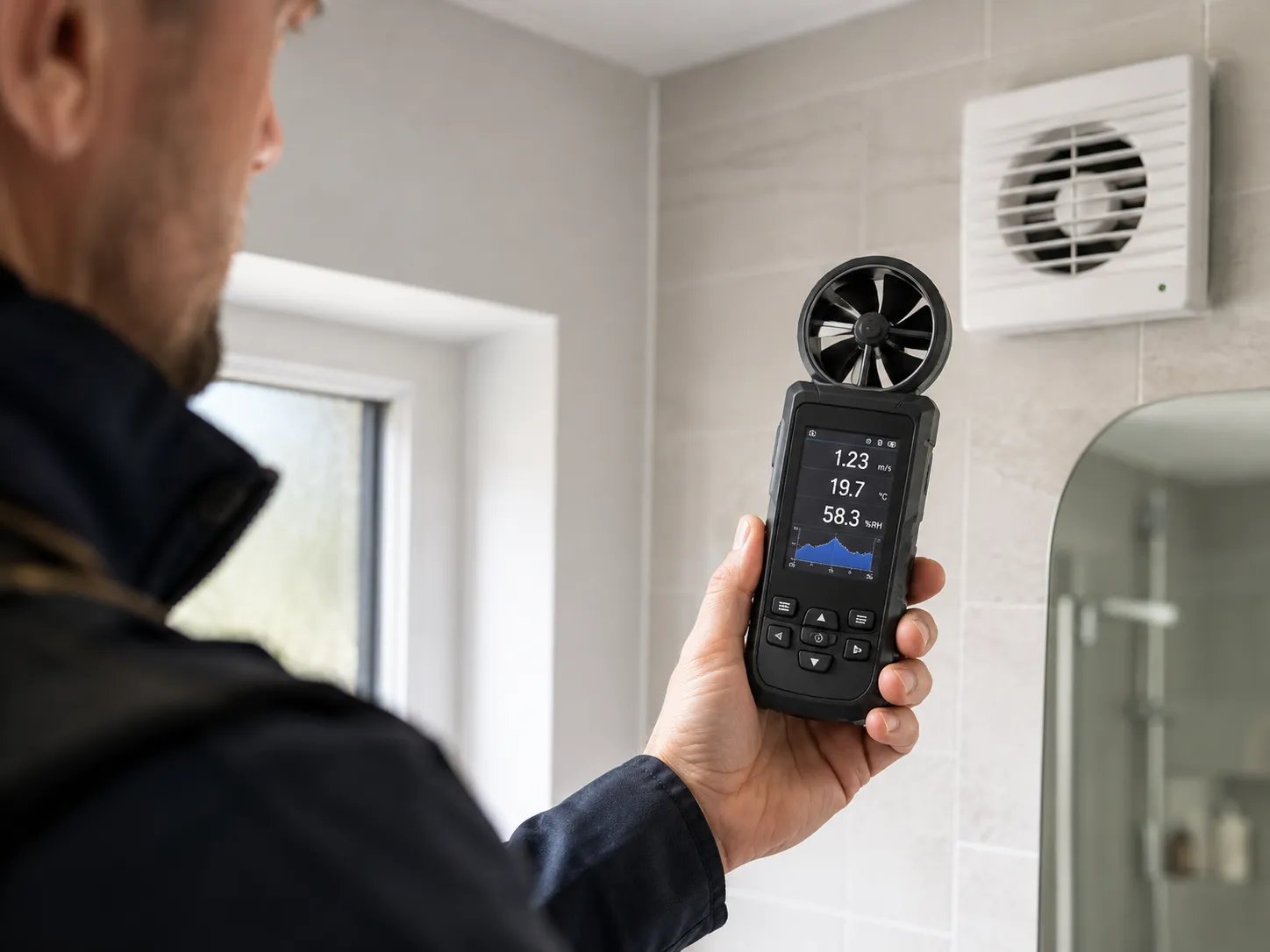 Anemometer used to check airflow near a ventilation point