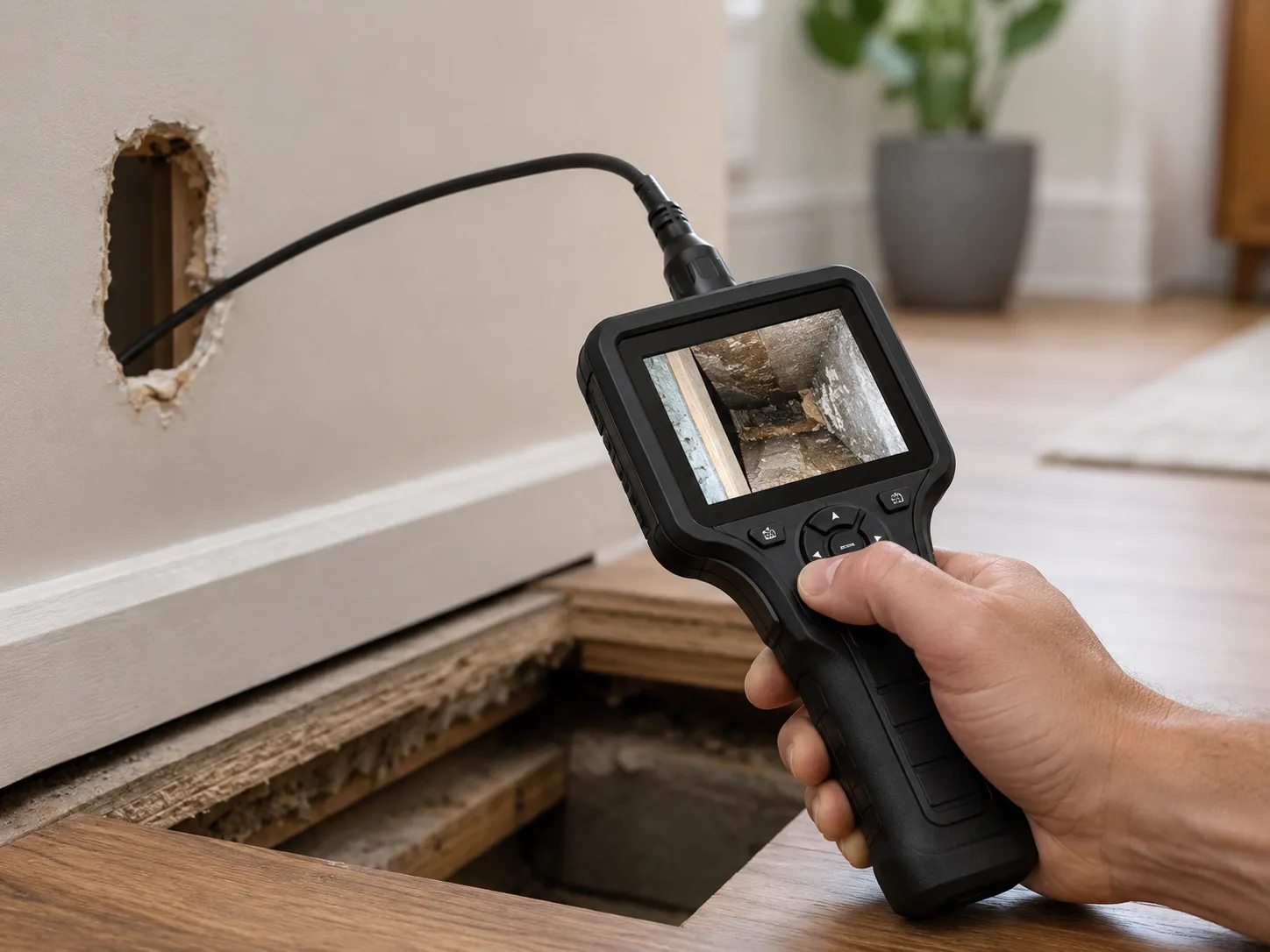 Professional borescope used to inspect a hidden building void