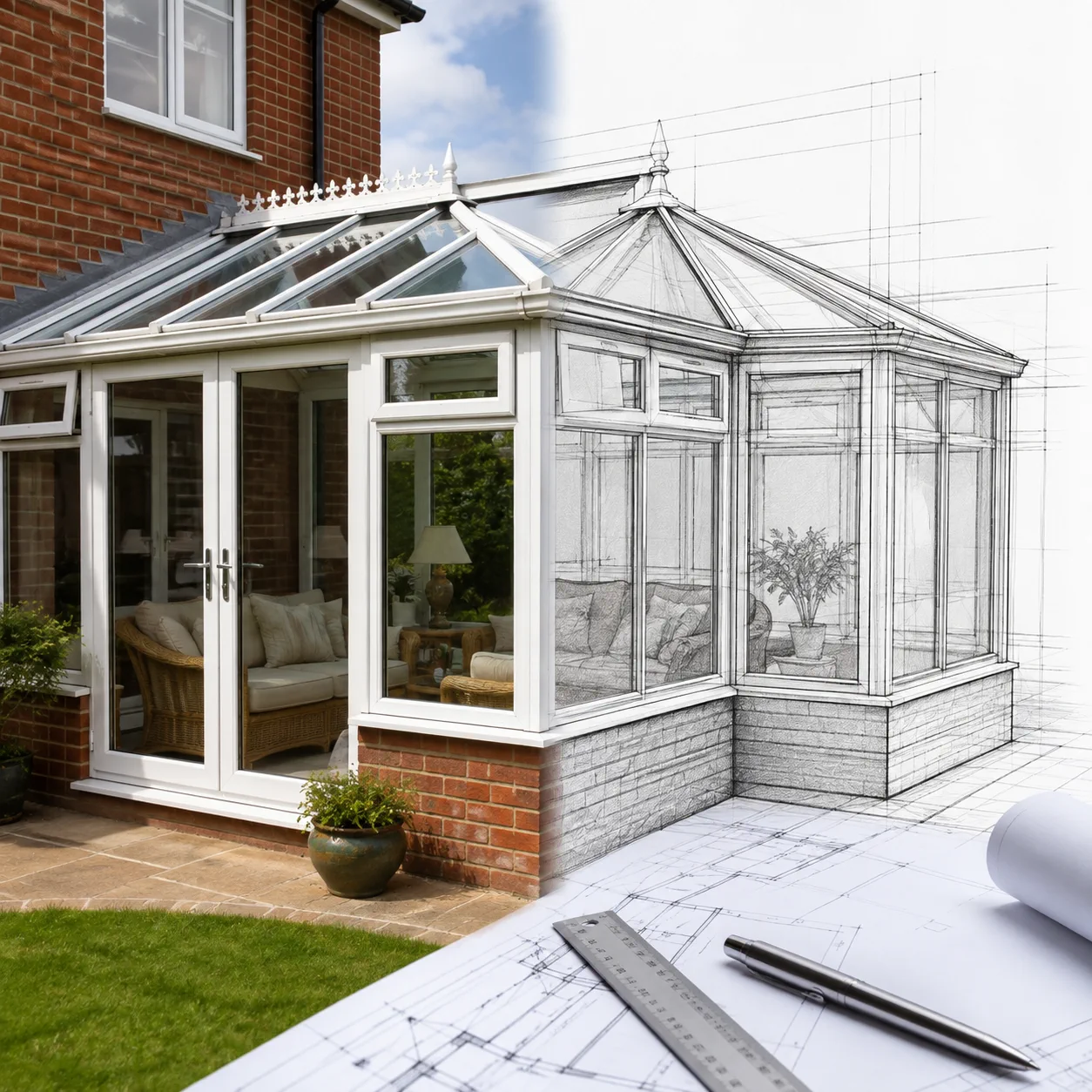 Surveyor reviewing property paperwork and inspection notes for an extension