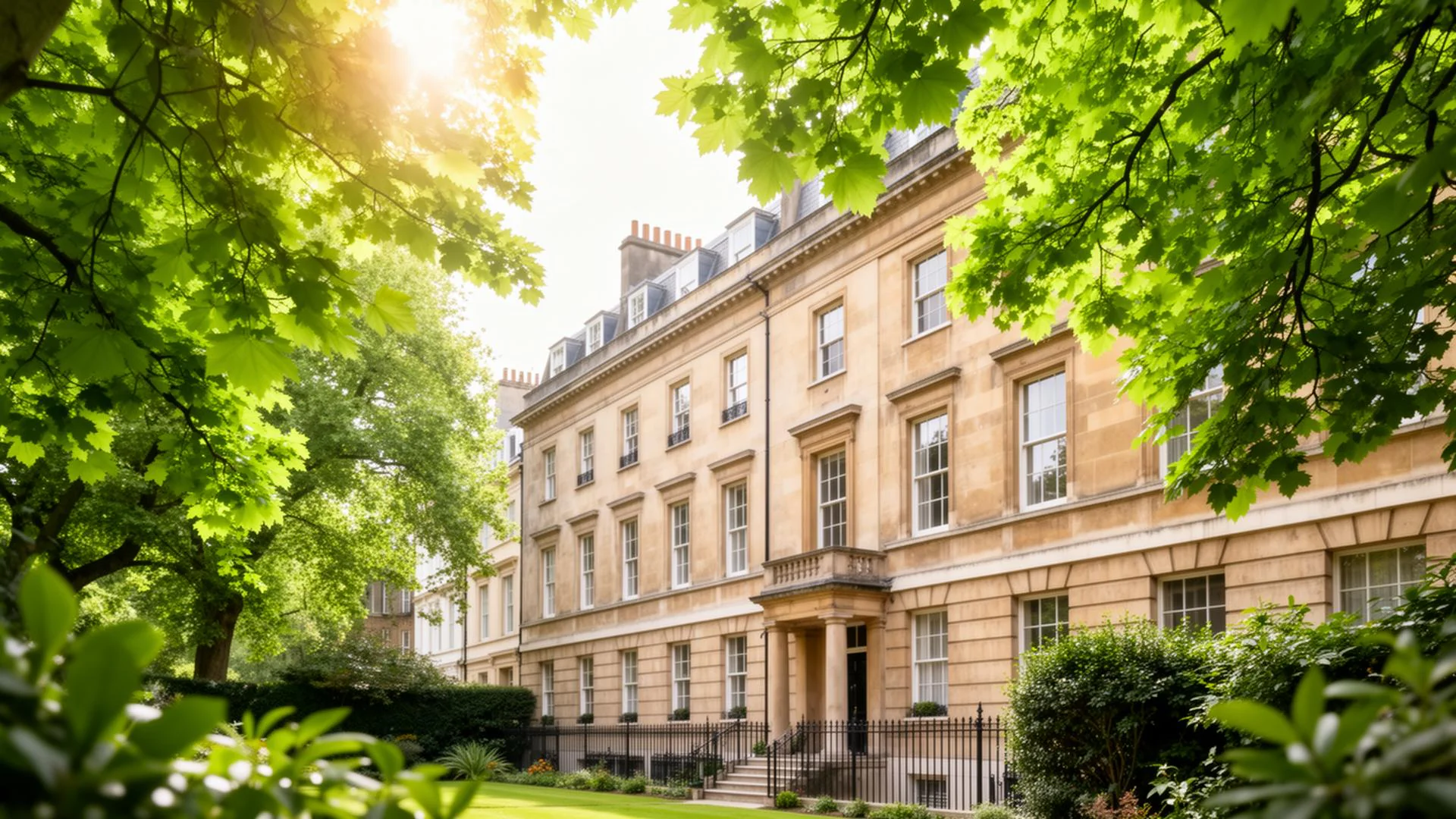 Period building viewed through green trees