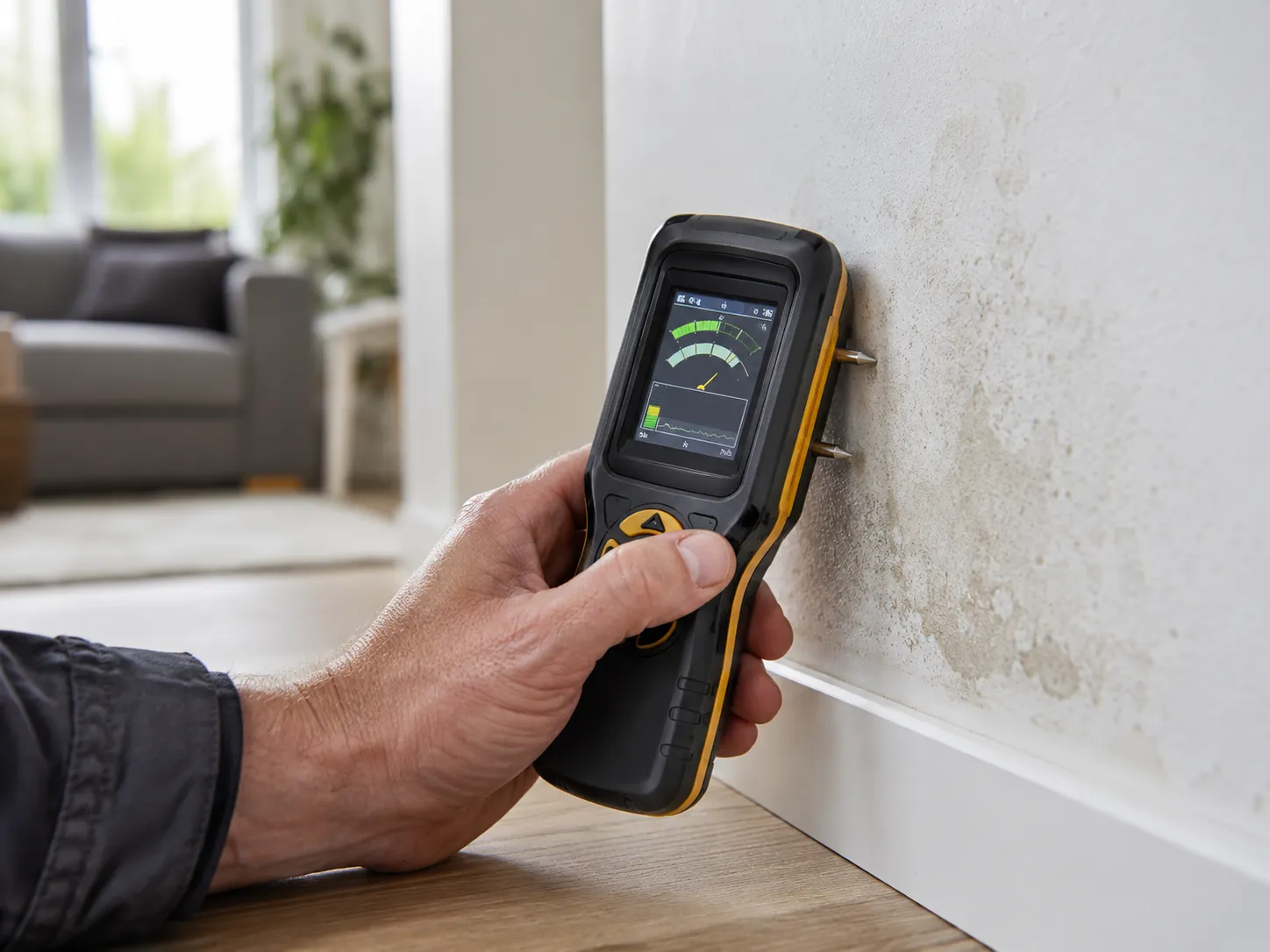 Professional-grade moisture meter used during a damp survey