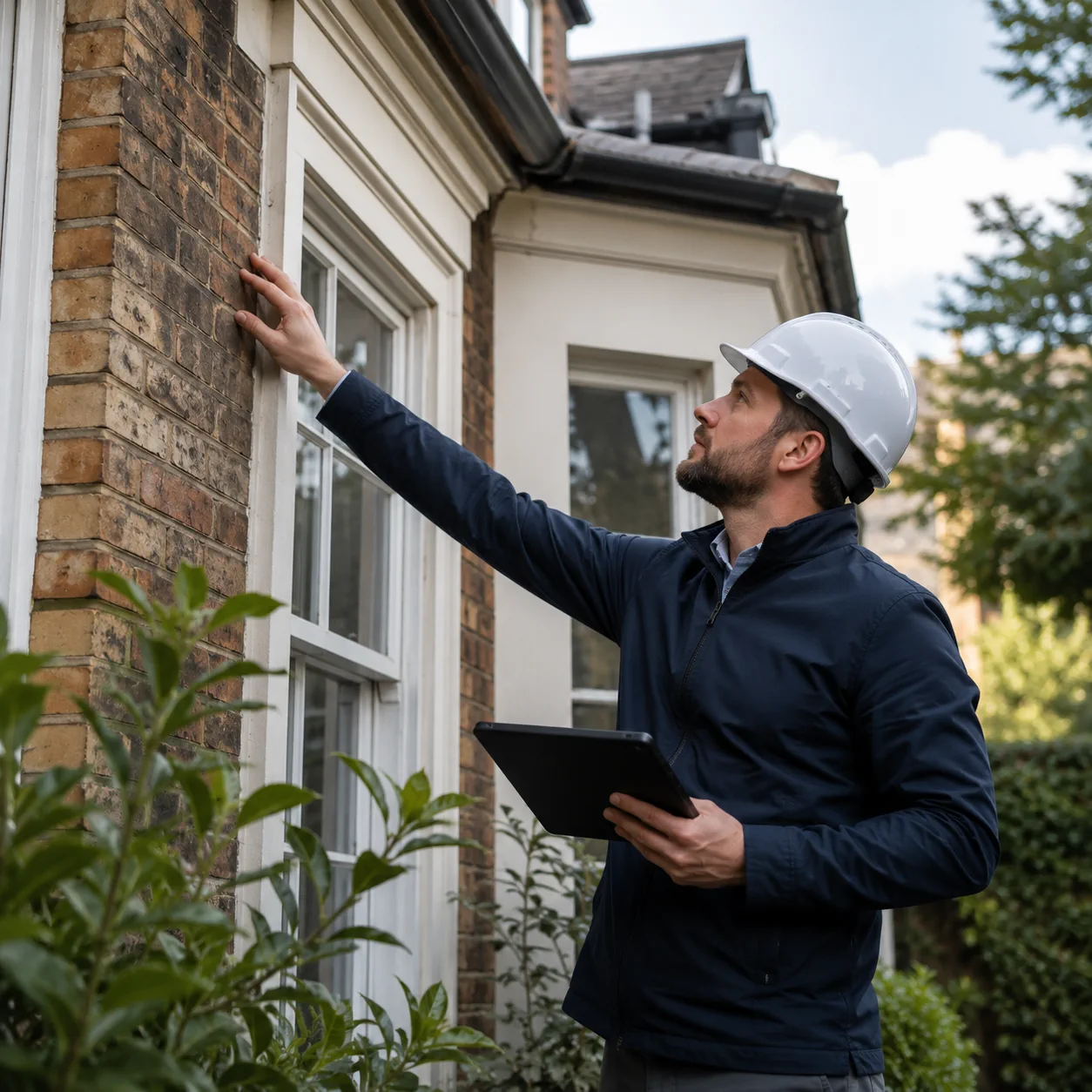 Surveyor using a thermal imaging camera to check a wall for heat loss and moisture