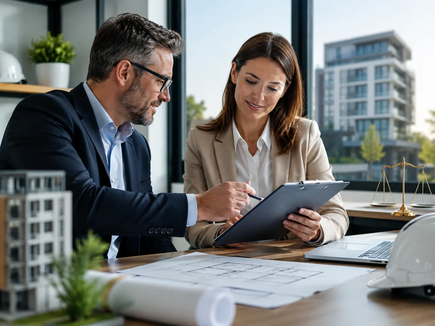 Two consultants reviewing documents at a desk with architectural plans