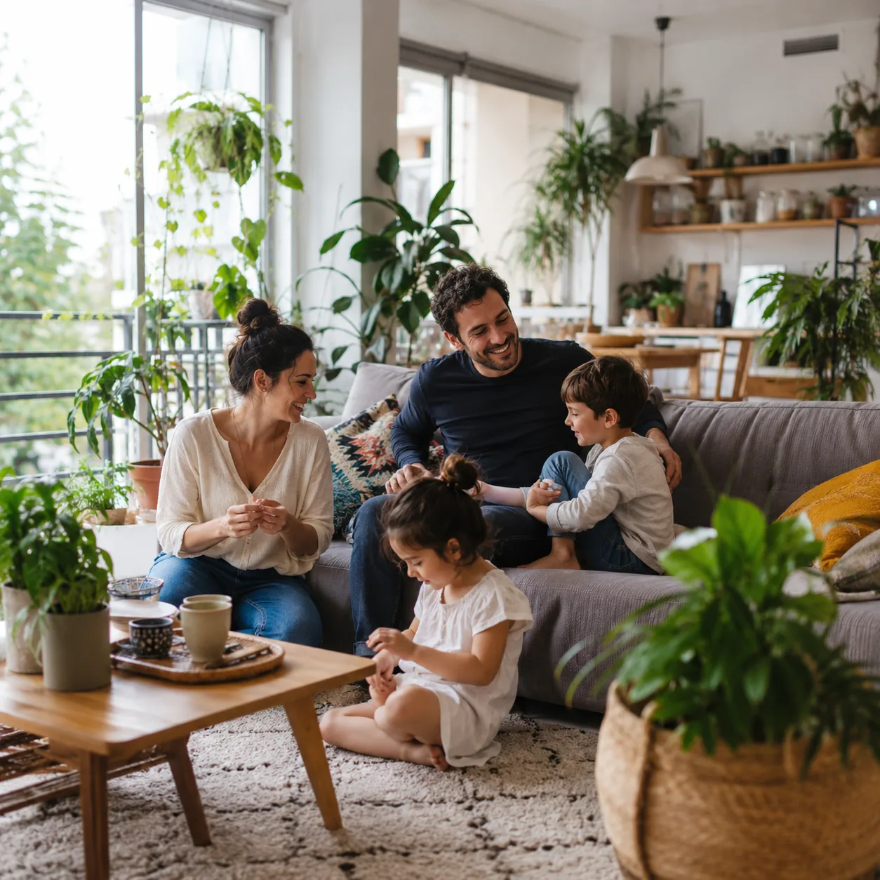 Family sitting together in a bright living room with houseplants