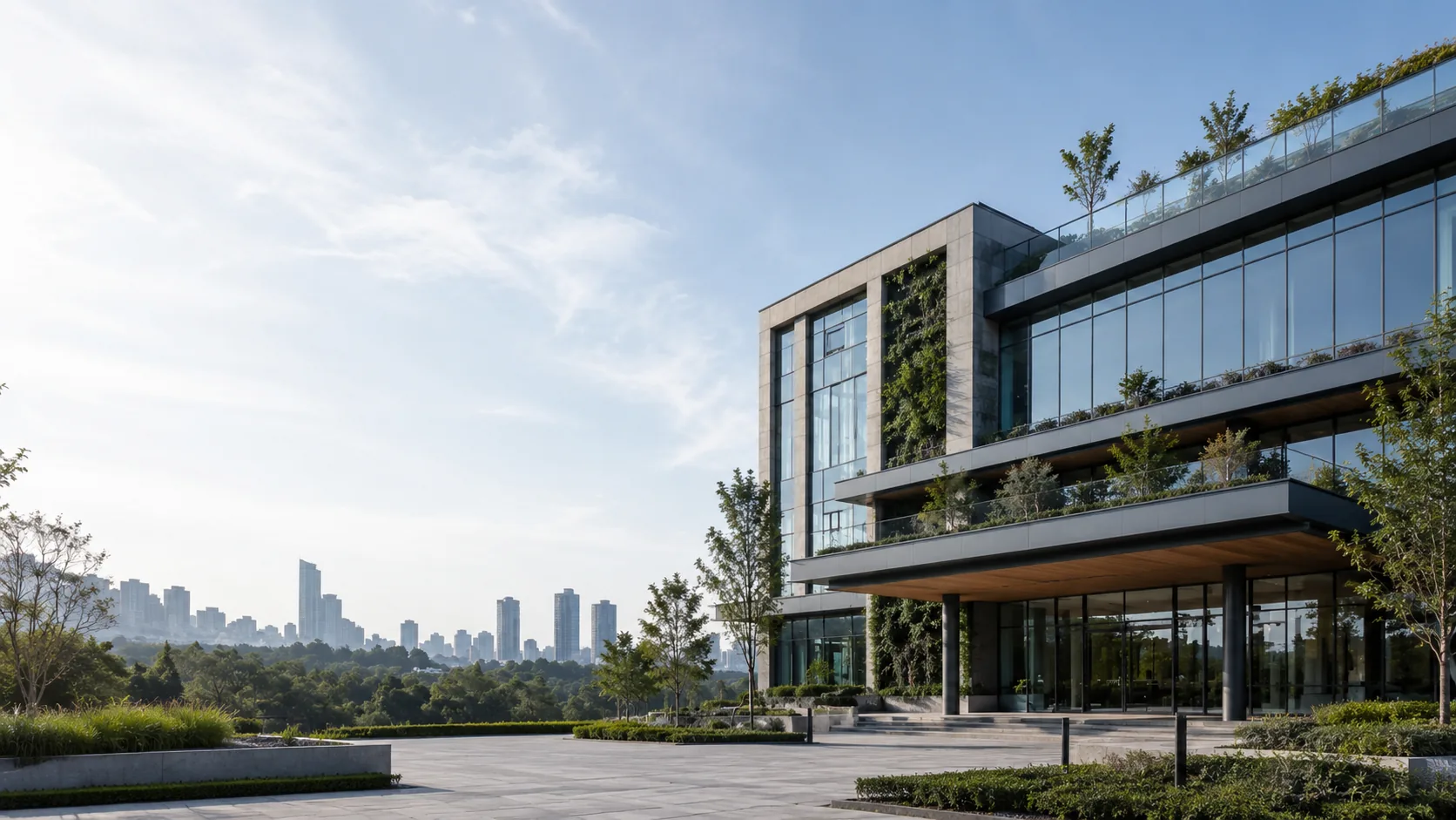 Modern glass building with planted terraces and landscaped grounds