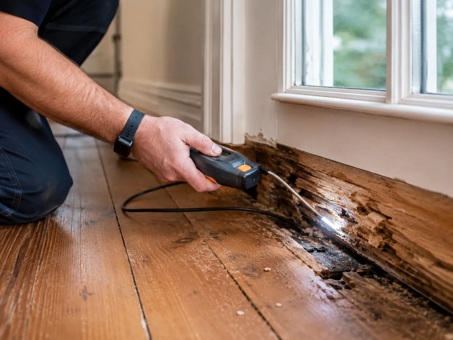 Surveyor checking decayed timber at the base of a window
